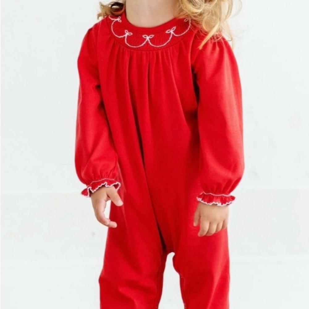 TBBC Long Sleeve Bridget Romper Red w/ White Bow Smocking